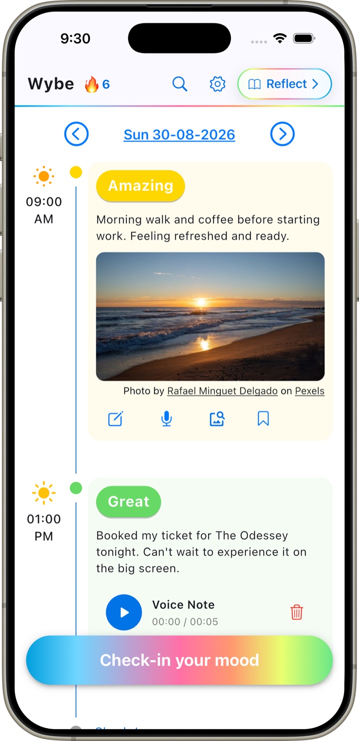 Wybe home timeline showing a day of mood check-ins with a note, a photo and a voice note