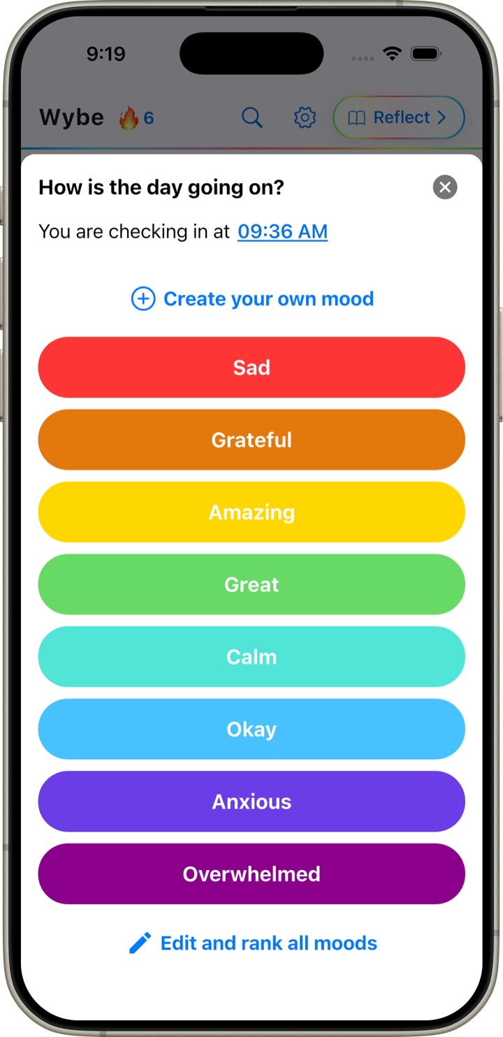 Wybe check-in screen showing custom mood buttons like Amazing, Great, Calm and Anxious