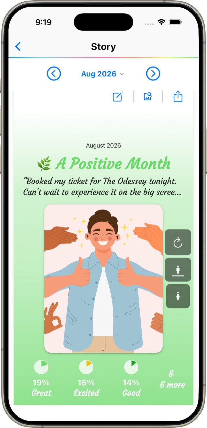 A Wybe monthly Story recap titled ‘A Positive Month’ with an illustration, a highlight quote and a mood breakdown